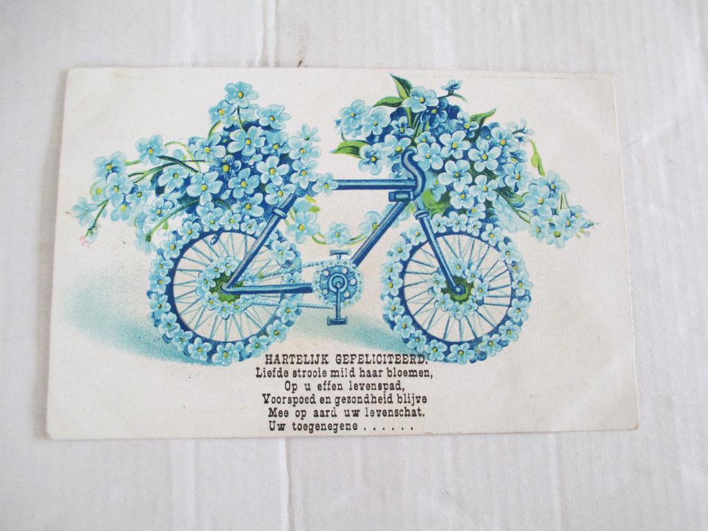 oude ansichtkaart fiets met bloemen en rijm, Verzamelen, Ansichtkaarten | Themakaarten, Ophalen of Verzenden, Voor 1920, Gelopen