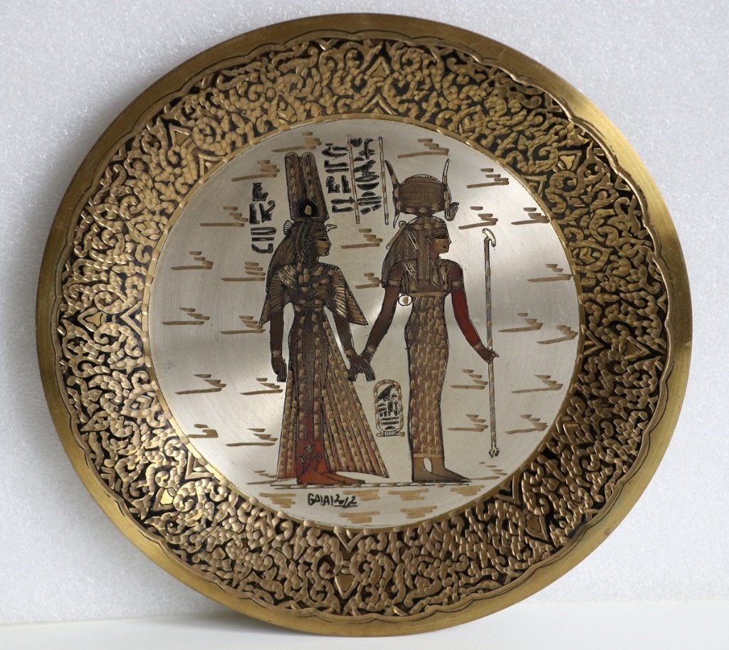 Metalen wandbord met Egyptische afbeelding Nefertari en Isis, Metaal, Gebruikt, 20 cm, Ophalen of Verzenden