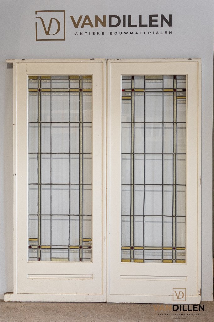 Oude antieke ensuite schuifdeuren glas in lood motief, Gebruikt, 120 cm of meer, Binnendeur, Ophalen of Verzenden