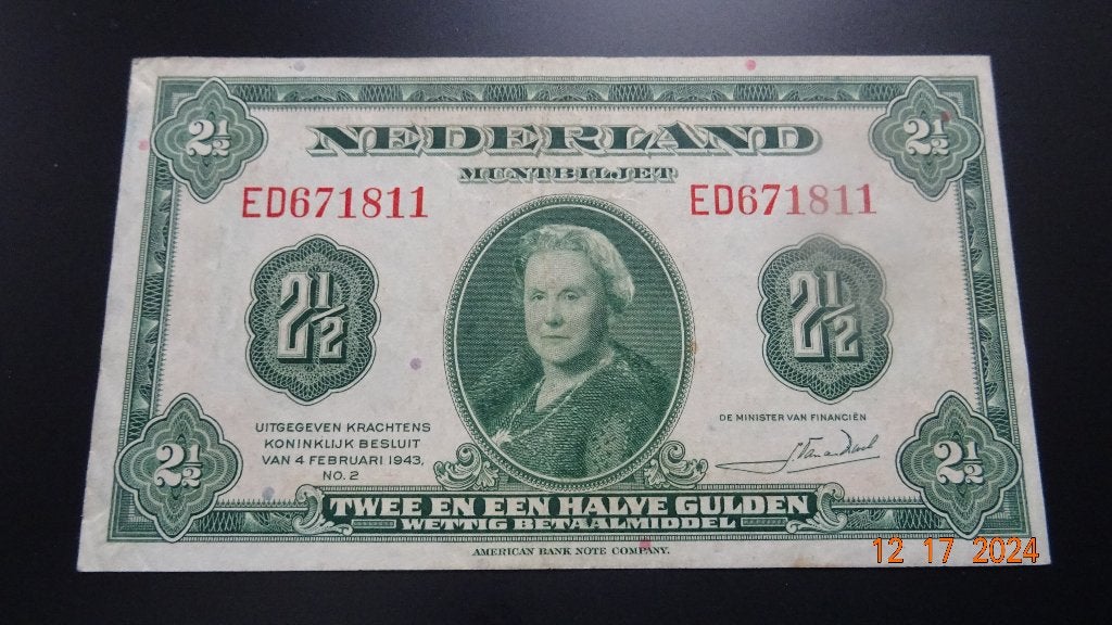 2.50 Gld 1943 Wilhelmina, Ophalen of Verzenden, 2½ gulden, Los biljet