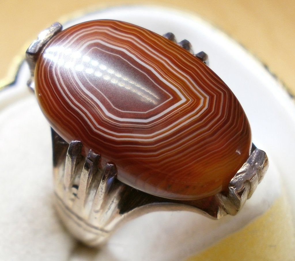 Zeldzaam circa 1970 Excellent agaat zilver 925 zegelring, Ophalen, 19 tot 20, Zo goed als nieuw, Dame of Heer