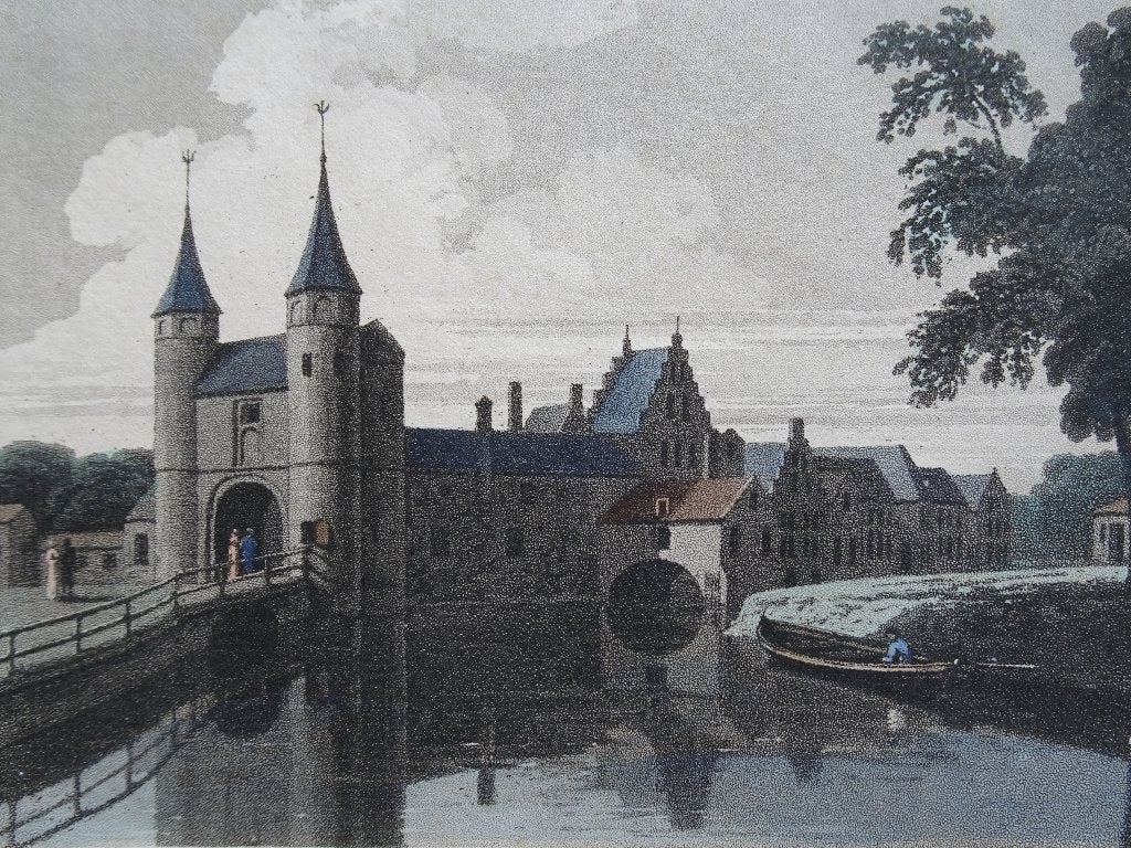 staalgravure in kleur Oostpoort Delft, Jon Carr, 1807, Antiek en Kunst, Kunst | Etsen en Gravures, 1800 - 1899, Stadsgezicht, Ophalen of Verzenden