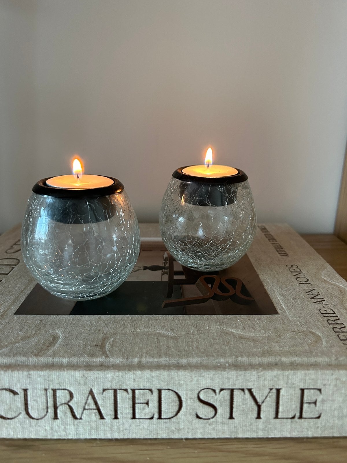 Vintage crackle glazen waxinelichthouders set, Huis en Inrichting, Woonaccessoires | Kandelaars en Kaarsen, Ophalen of Verzenden