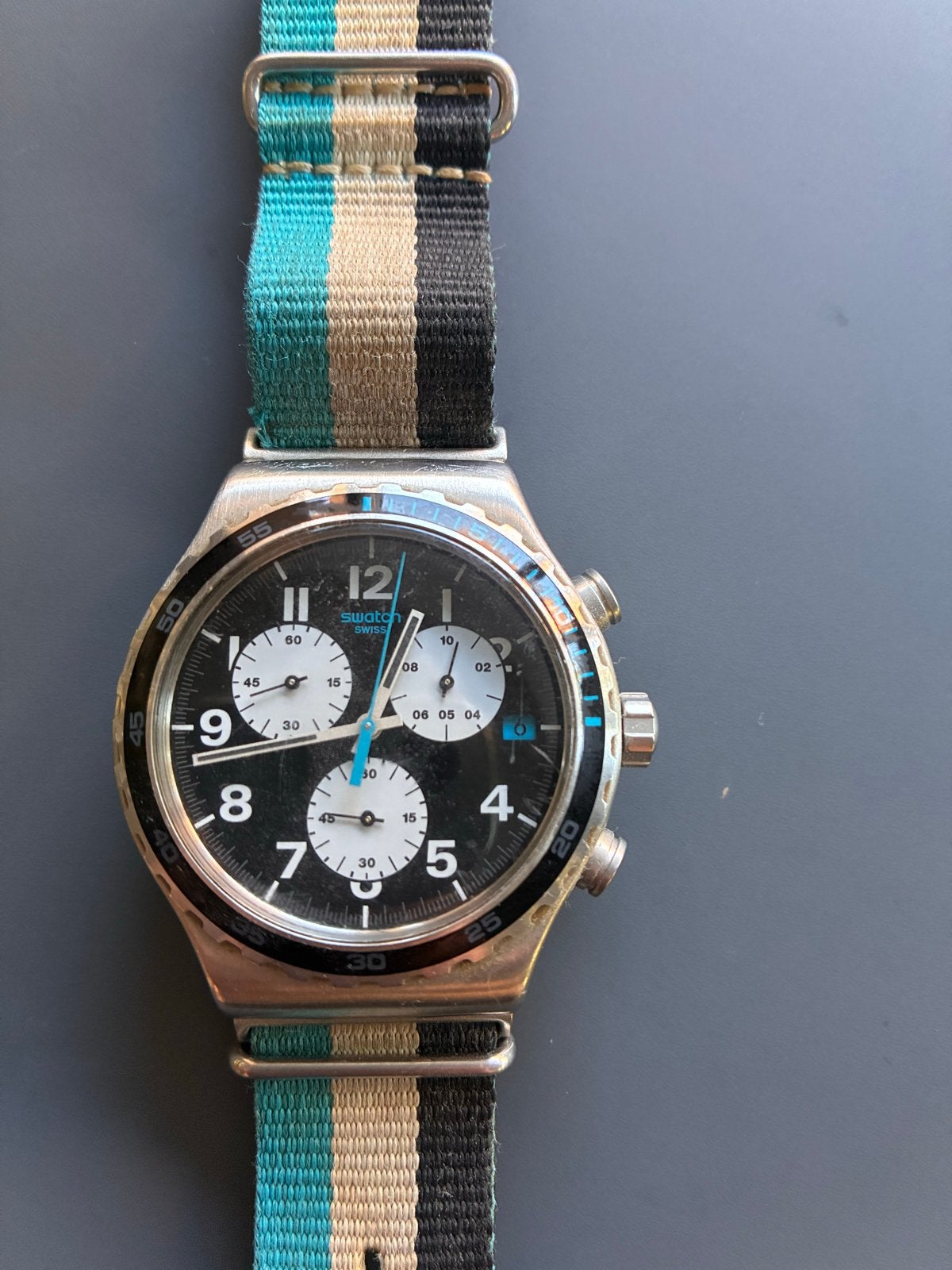 Swatch Irony Chrono "Blue Rebel" / YCS-serie horloge, Gebruikt, Staal, Polshorloge, Ophalen of Verzenden