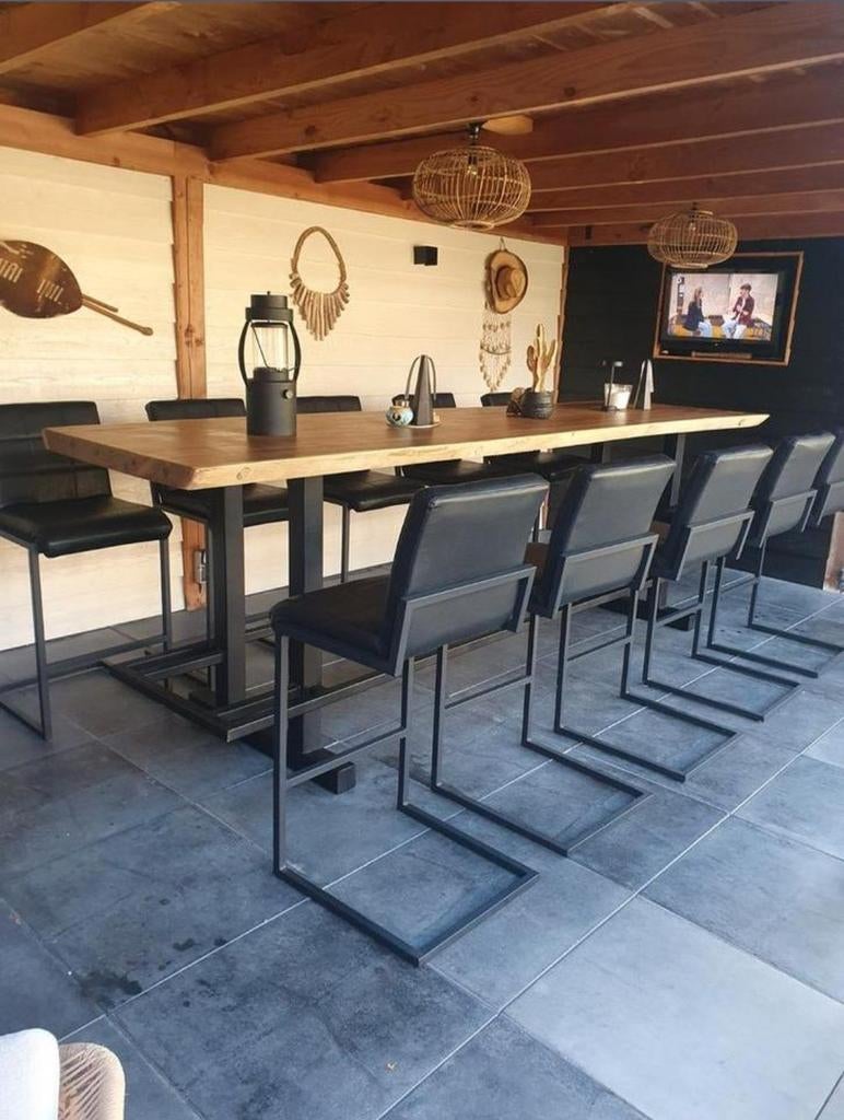 Lange bartafel met 10 zachte krukken - Zo goed als nieuw, 200 cm of meer, 50 tot 100 cm, Zo goed als nieuw, Vijf personen of meer