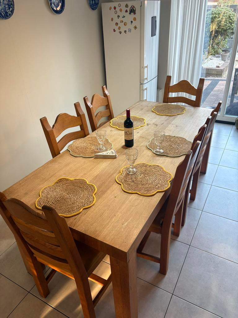 Houten eettafel met 6 stoelen, Ophalen, Gebruikt, 50 tot 100 cm, Vijf personen of meer