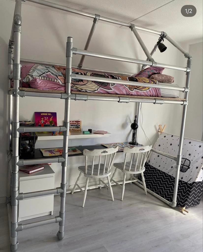Stevig industriele hoogslaper met bureau en opbergruimte, Huis en Inrichting, Gebruikt, Eenpersoons, Ophalen of Verzenden, 200 cm
