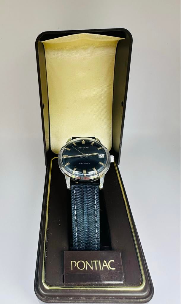 Vintage Pontiac Simpatico horloge met doos, Sieraden, Tassen en Uiterlijk, Horloges | Dames, Overige merken, Gebruikt, Staal, Polshorloge