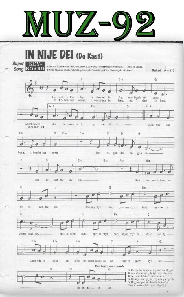 Muz92 Bladmuziek Super song: In Nije Dei ( De Kast ), Gebruikt, Klassiek, Ophalen of Verzenden, Artiest of Componist