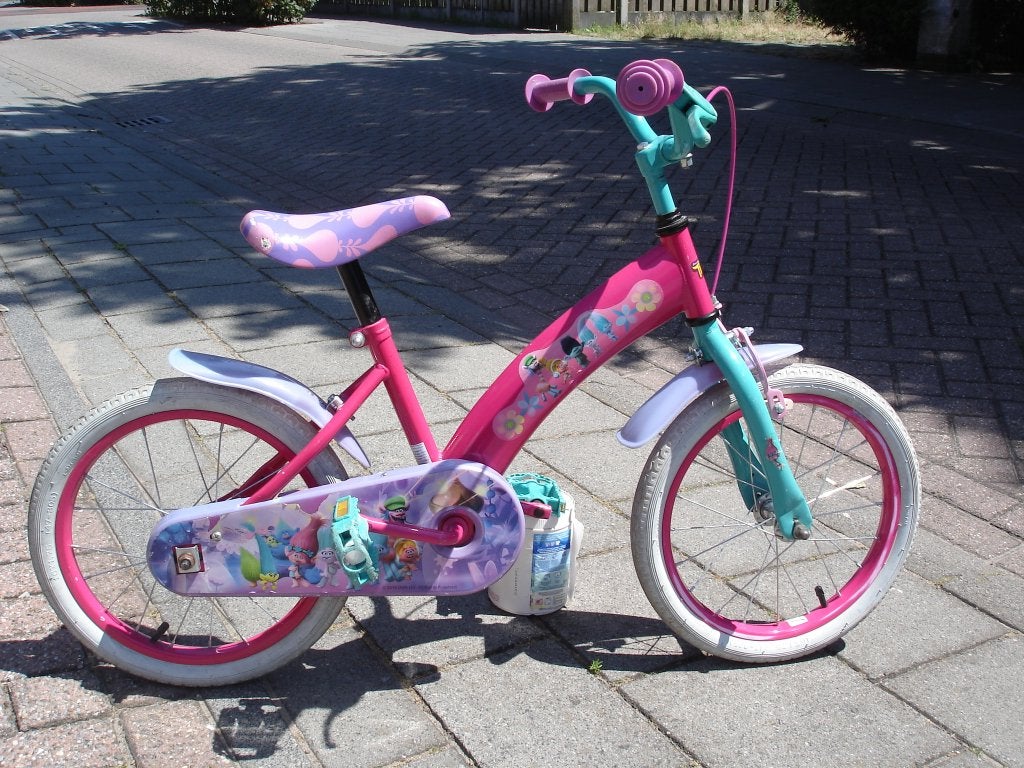 Meisjesfiets Trolls 16 inch met evtw zijwieltjes, Ophalen, Terugtraprem, Trolls Meisjesfiets, 16 inch