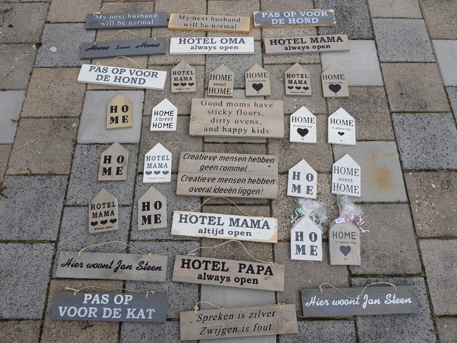 1 krat met houten tekstborden, Ophalen, Hout, Meerkleurig, Nieuw