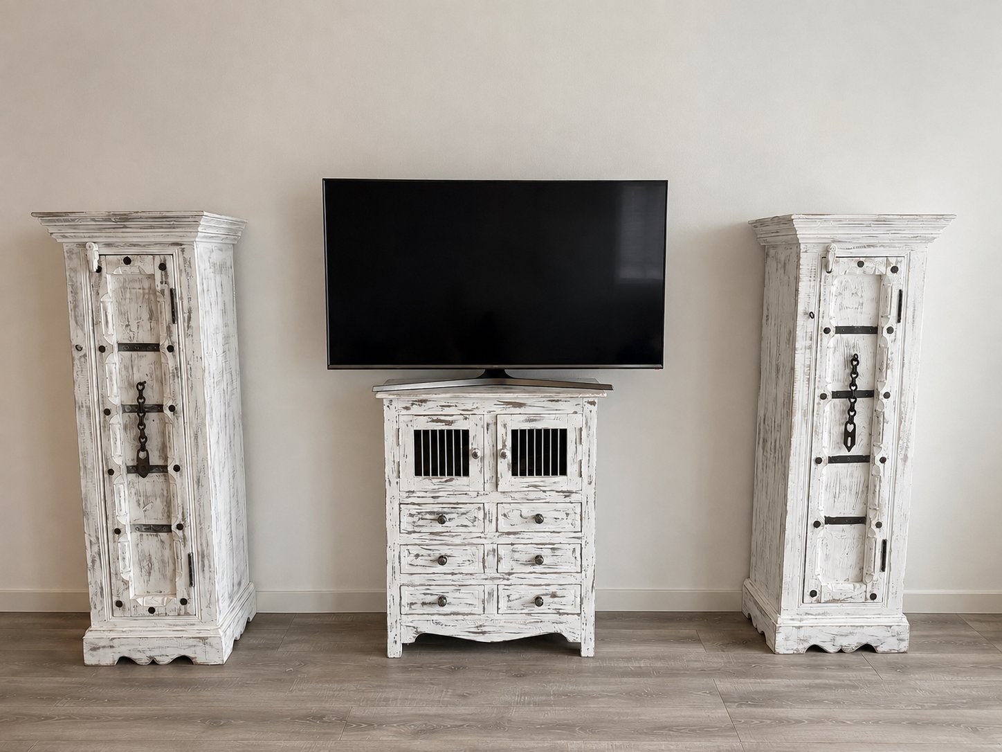Set van 3 Indiase whitewash kasten – massief hout, Huis en Inrichting, Kasten | Overige, Ophalen, Gebruikt