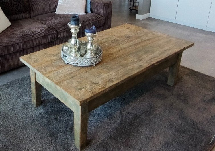 Robuuste old teak houten salontafel met lade, Huis en Inrichting, Ophalen, Landelijke, rustieke of industriële stijl, Gebruikt