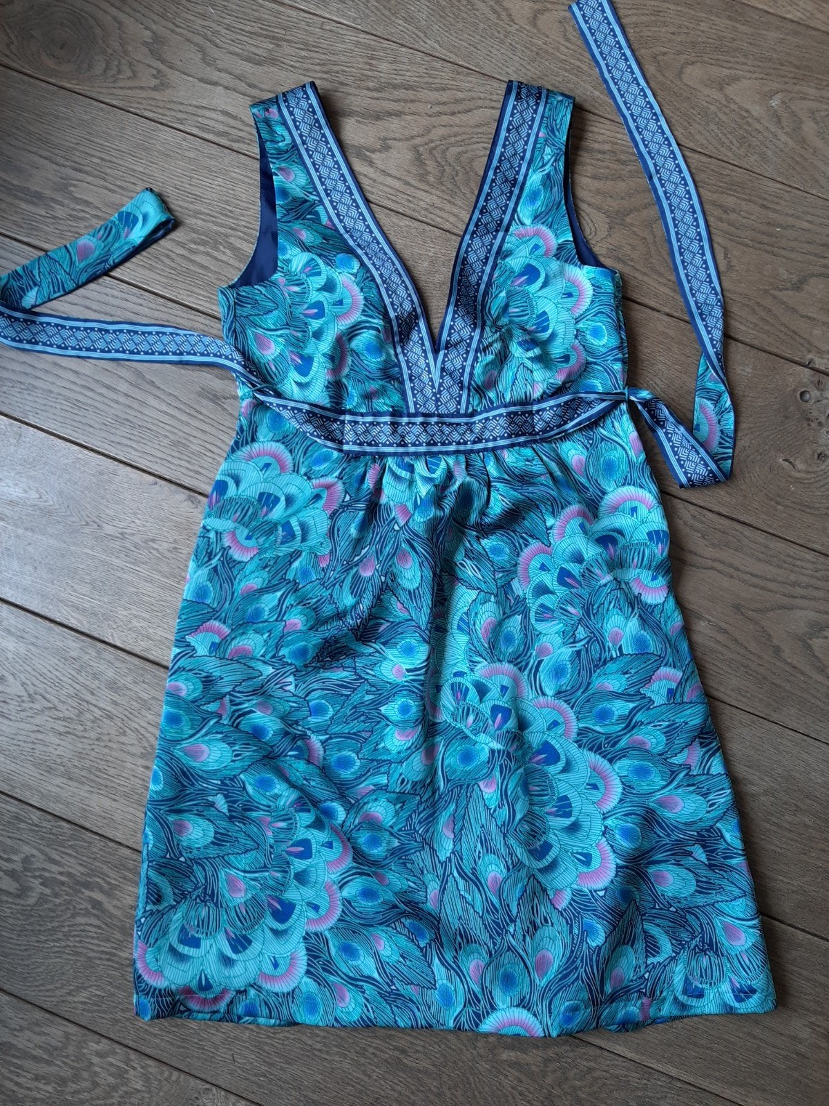 Blauw pauwen jurkje, maat 36, Blauw, Ophalen of Verzenden, Zo goed als nieuw, Maat 36 (S)