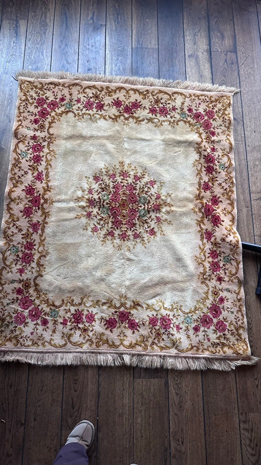 Vintage rozen tafelkleed / vloerkleed, Gebruikt, 100 tot 150 cm, Ophalen of Verzenden, Crème
