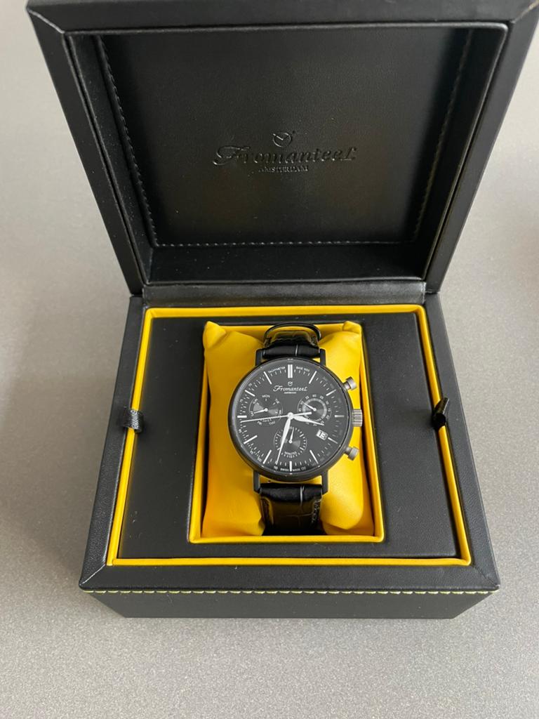 Zwarte Fromanteel Generations Chronograph horloge 42mm, new!, Overige merken, Leer, Staal, Polshorloge