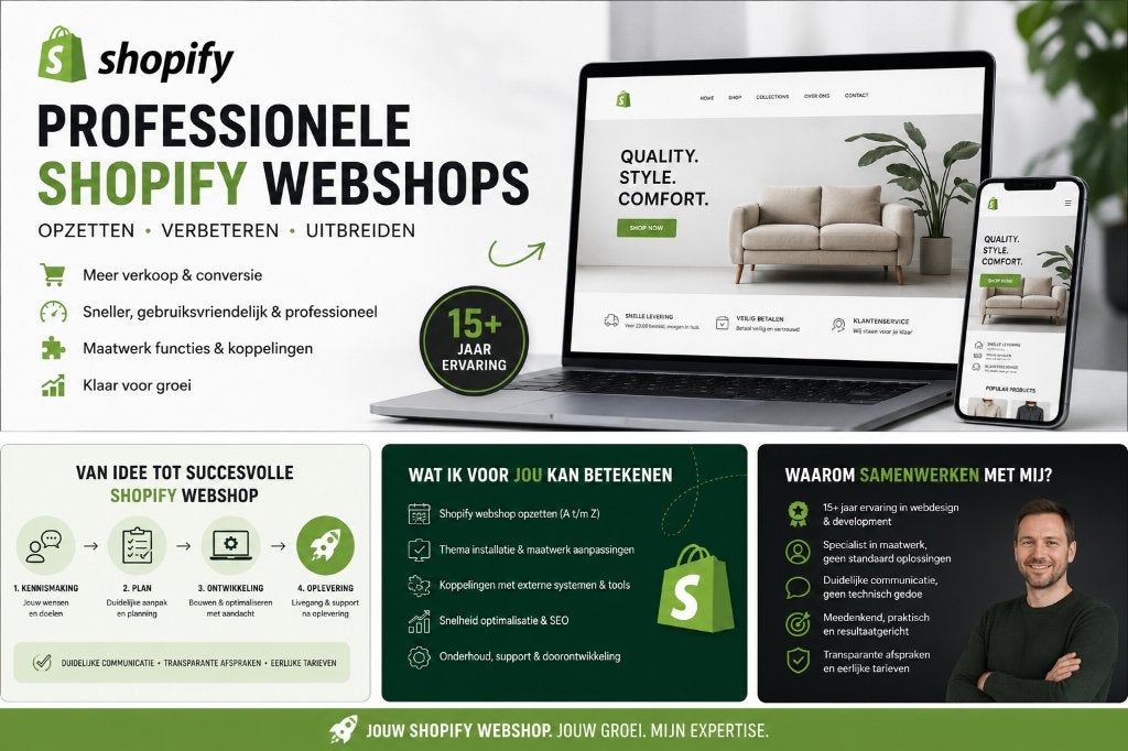 Shopify Webshop Laten Maken of Verbeteren? 15+ Jaar Ervaring, Diensten en Vakmensen, Webdesigners en Hosting, Domeinregistratie