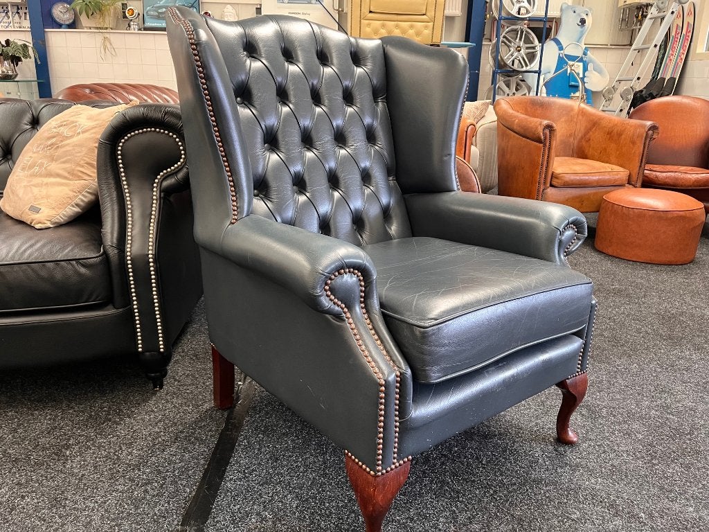 Chesterfield Maarssen  Blauw Leren Chesterfield  Fauteuil Uk, Huis en Inrichting, Ophalen, Zo goed als nieuw, Chesterfield Salvale