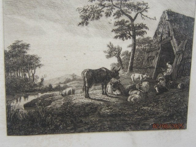 Los etsje met passepartoutm Schaapherder/schapen,/stier, Antiek en Kunst, Kunst | Etsen en Gravures, Ophalen of Verzenden, Ets