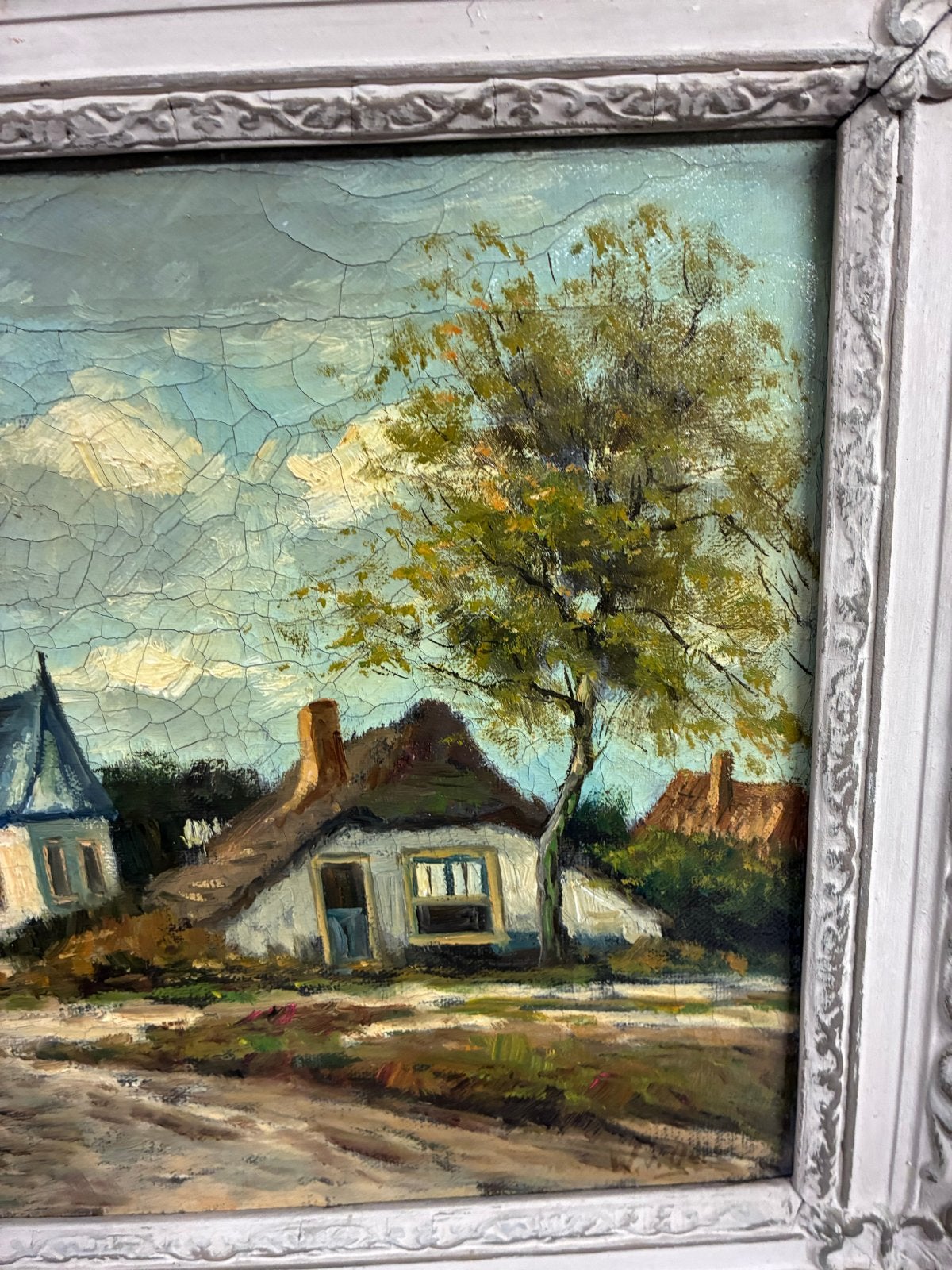 Oud Hollands Landschap Schilderij met Kerk en Boerderij, Doek, Oud hollands, Ophalen of Verzenden, Olieverf