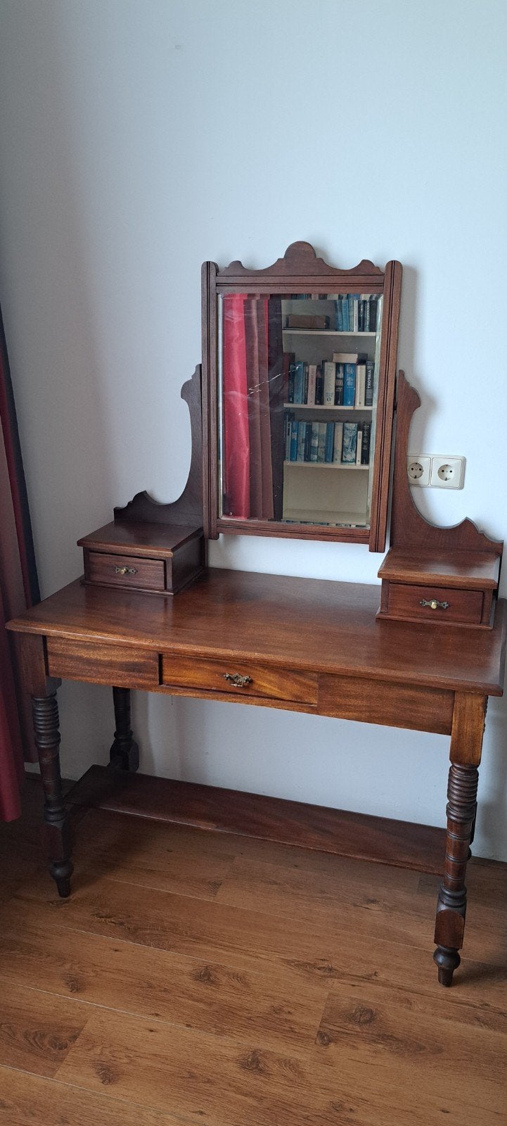 Houten antieke Engelse vintage kaptafel,spiegel, 3 lades, Ophalen