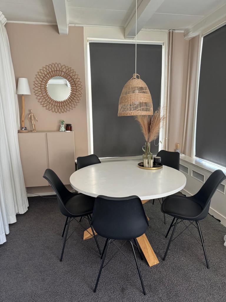 Ronde eettafel wit met houten onderstel – gebruikt, Huis en Inrichting, Tafels | Eettafels, Ophalen, Gebruikt, Rond, 100 tot 150 cm