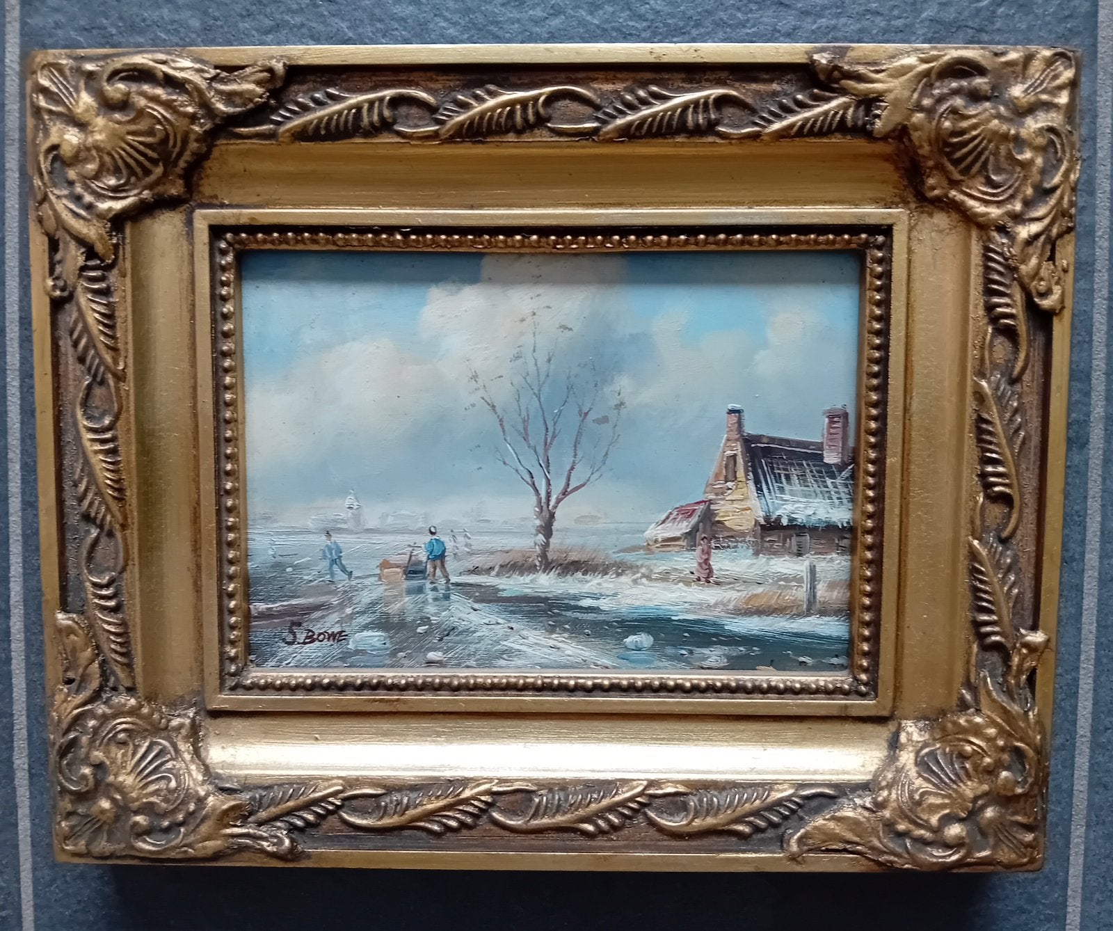 Ijsgezicht olieverf op paneel S. Bowe, Ophalen of Verzenden, Olieverf, Landschap, Paneel