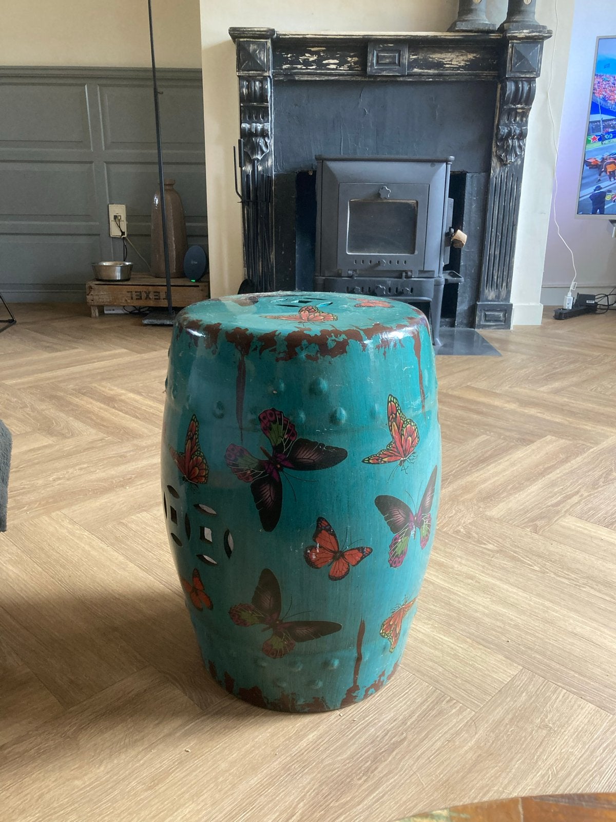Decoratieve Chinese pot met vlinders - Groen/Blauw, Ophalen, Overige materialen, Gebruikt, Overige kleuren
