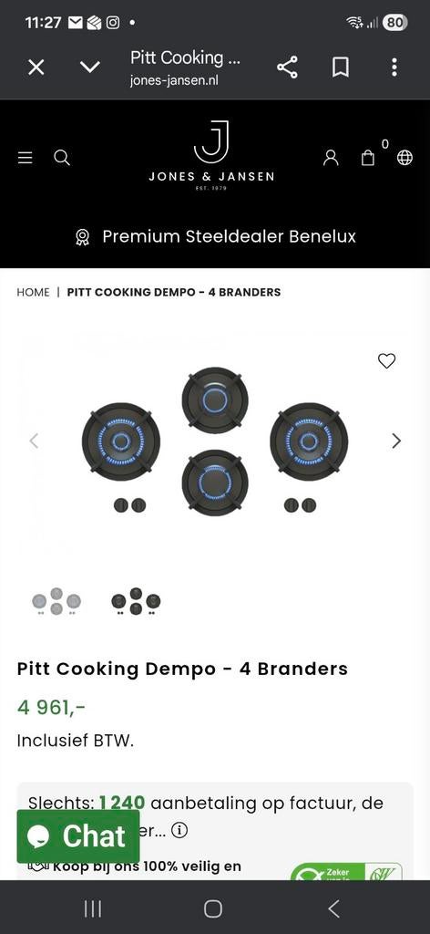 Pitt Cooking dempo  gasfornuis NIEUW, Ophalen, Minder dan 85 cm, Nieuw, 4 kookzones