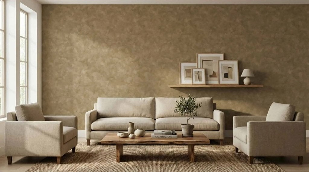 Betonlook behang woonkamer – zandkleur op maat, 75 m² of meer, Modern, Ophalen of Verzenden, Beige