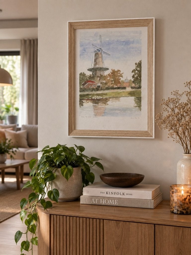 Ingelijste aquarel Molen De Valk – Leiden, Ophalen of Verzenden, Nieuw