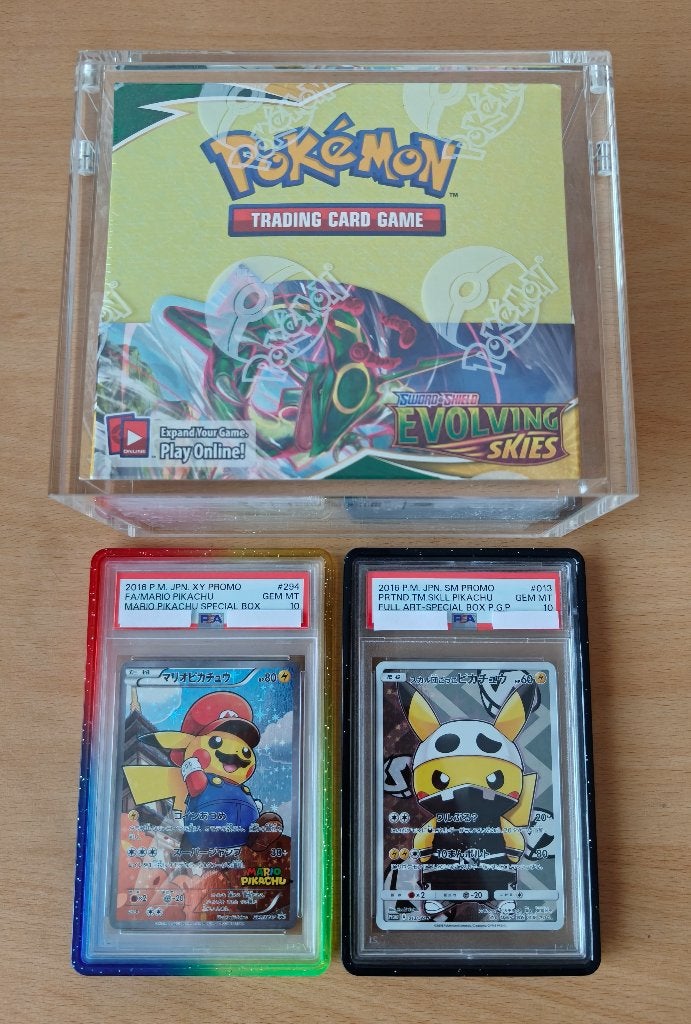 Mario Pikachu & Skull Pikachu PSA 10 + Evolving Skies BB!, Ophalen, Nieuw, Losse kaart, Foil