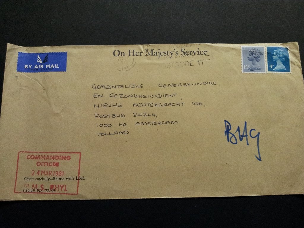 Engeland luchtpost envelop naar de GGD Amsterdam 1981, Ophalen of Verzenden, Envelop