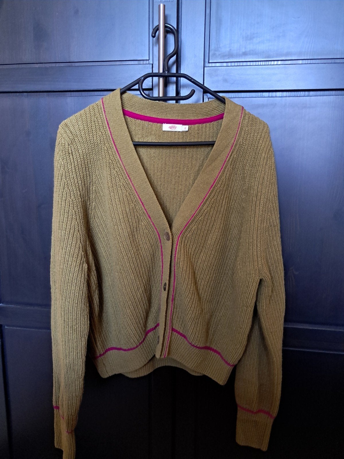 Oillily gebreid vest in olijfgroen met roze accenten, Oillily, Maat 46/48 (XL) of groter, Ophalen of Verzenden, Zo goed als nieuw