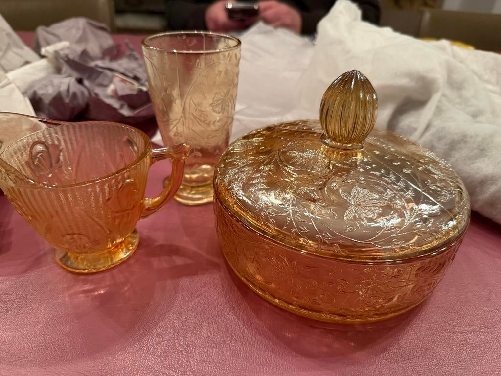 6 delig Vintage Amberkleurig Persglas Set - Depression Glass, Antiek en Kunst, Antiek | Glas en Kristal, Ophalen of Verzenden
