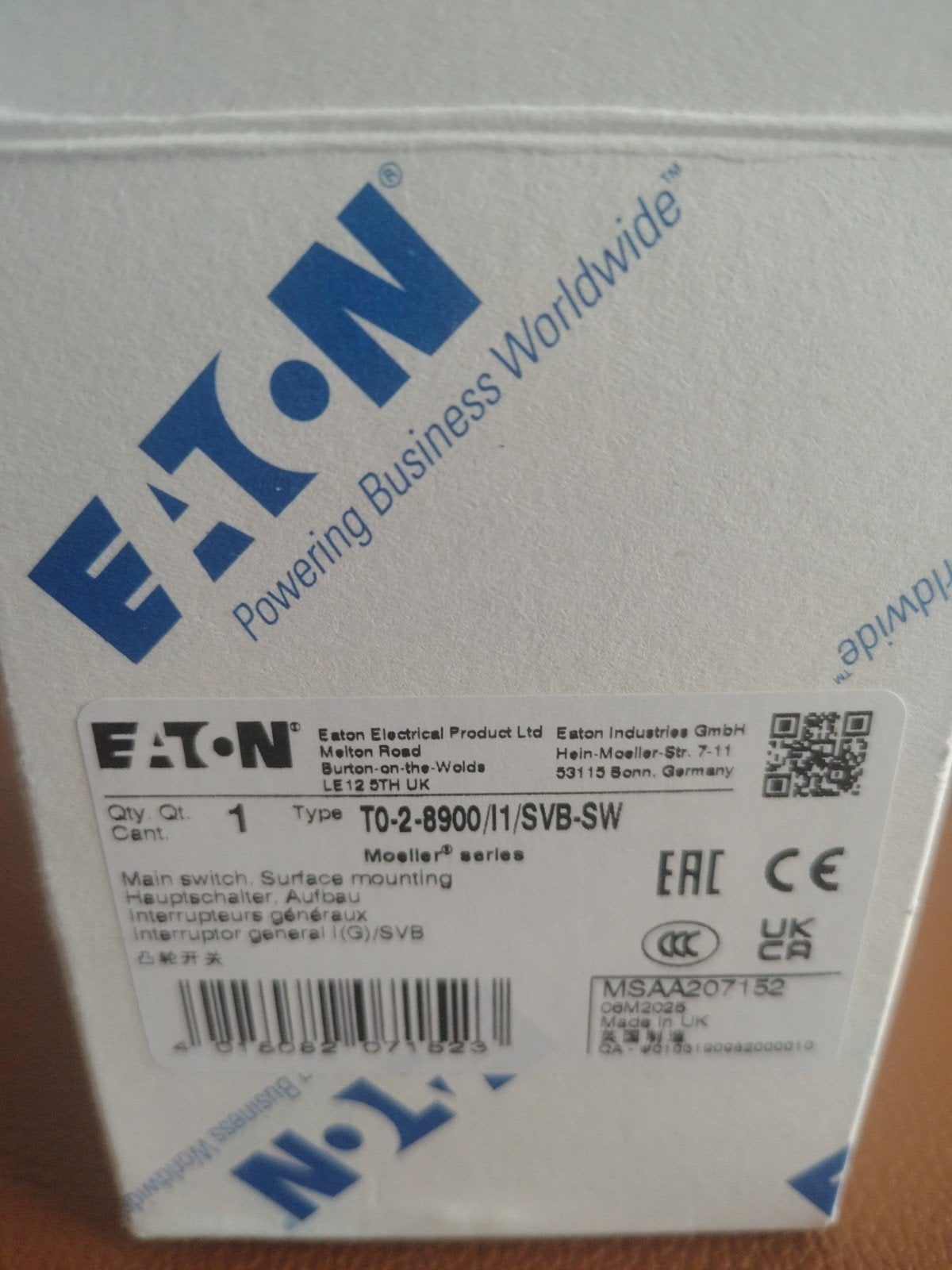 Eaton Hoofdschakelaar T0-2-8900/I1/SVB-SW - Nieuw, Ophalen of Verzenden