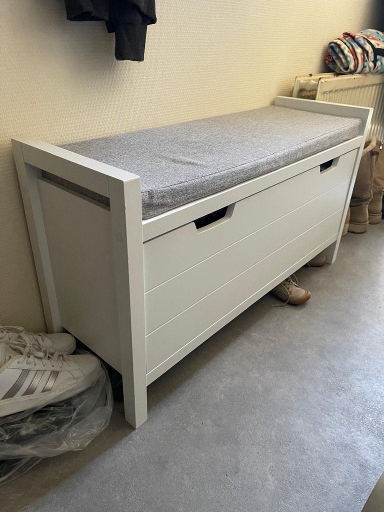 Witte schoenenbank met klep en grijs zitkussen, Ophalen, Nieuw, Modern, minimalistisch