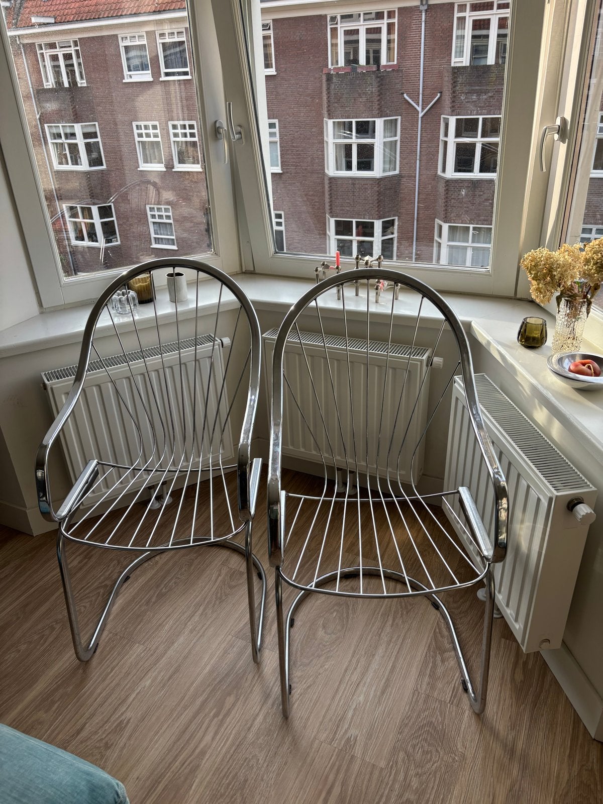 Set van 2 verchroomde draadstoelen - Jaren '70 design, Gebruikt, Twee, Overige kleuren, Ophalen of Verzenden