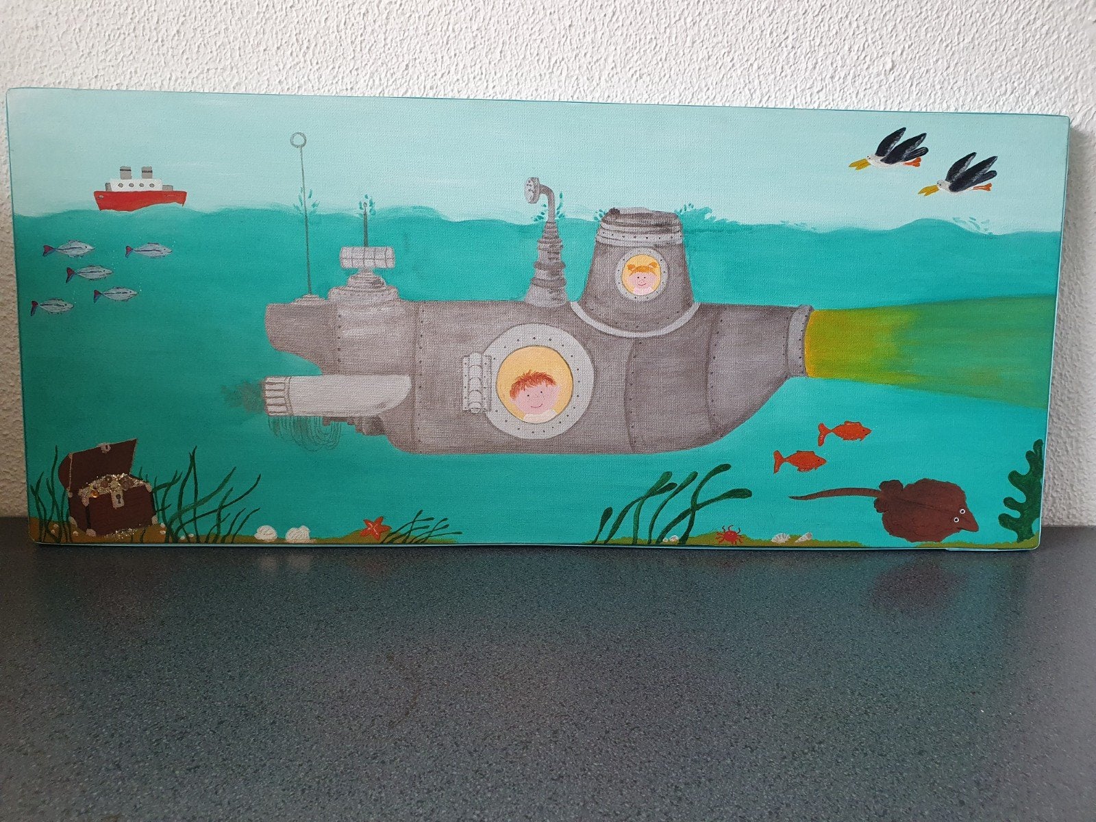 Vrolijk handgeschilderd duikboot schilderij 70x30cm, Acrylverf, Overig onderwerp, Ophalen of Verzenden, Handgeschilderd