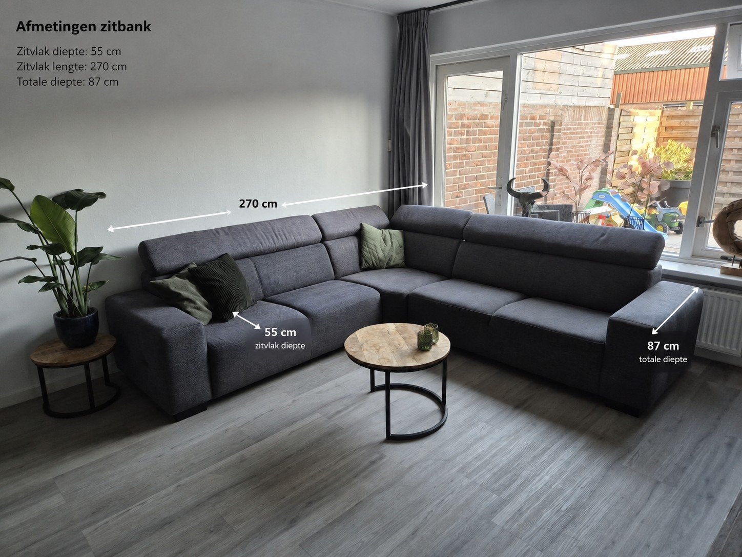 Comfortabele grijze hoekbank met verstelbare hoofdsteunen, Ophalen, Gebruikt, Hoekbank, 300 cm of meer