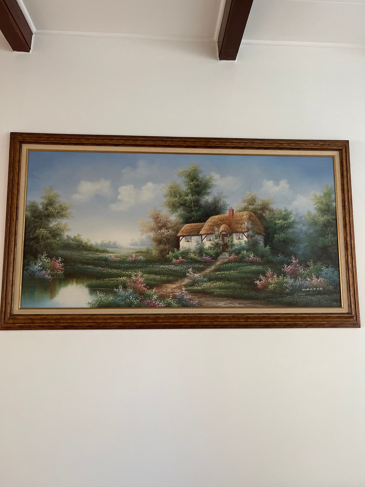 Schilderij met idyllisch landschap en huisje, Doek, Ophalen of Verzenden, Olieverf, Klassiek