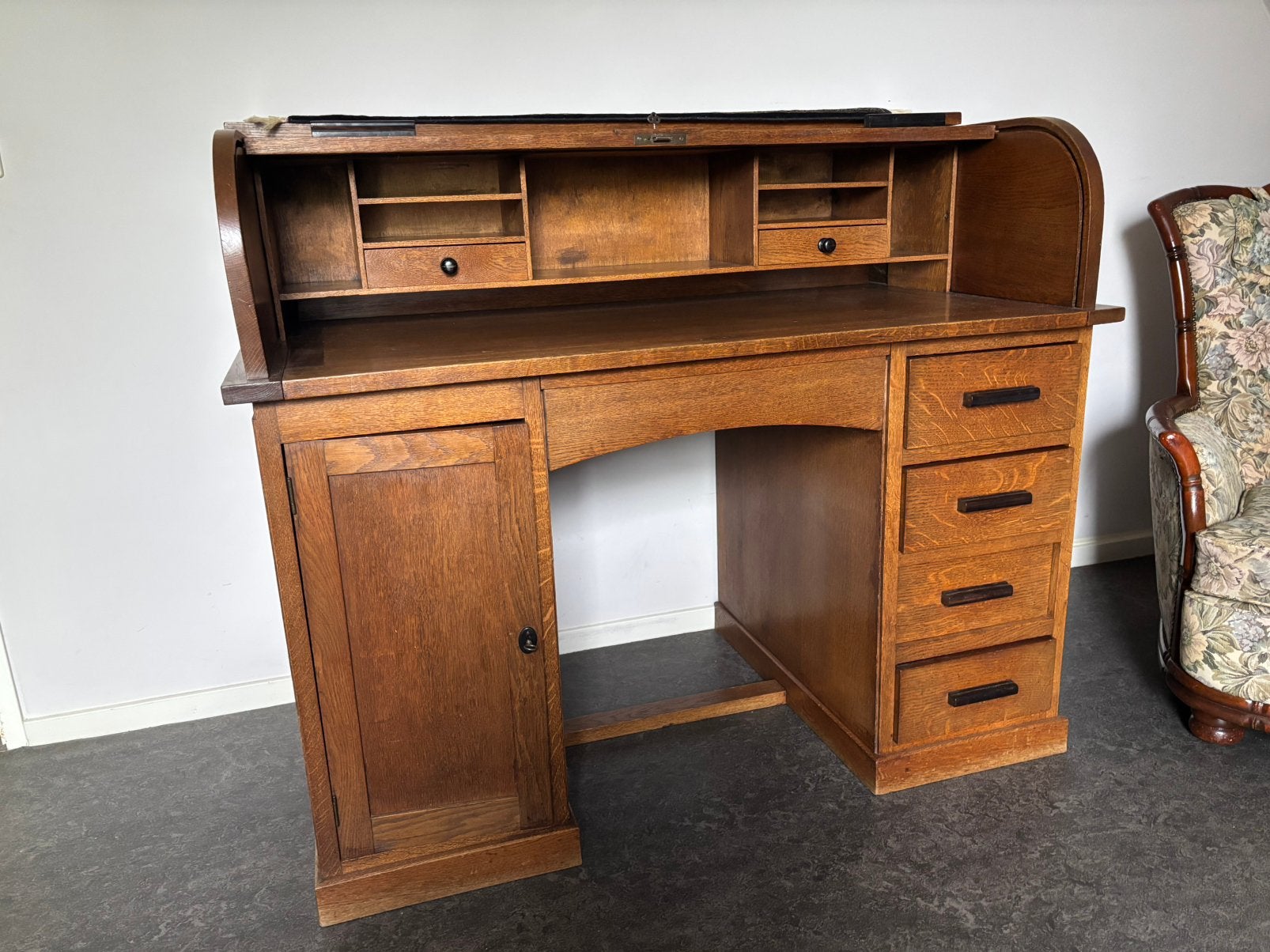 Antiek Eiken Roltop Bureau met Ladeblok en Kast, Ophalen