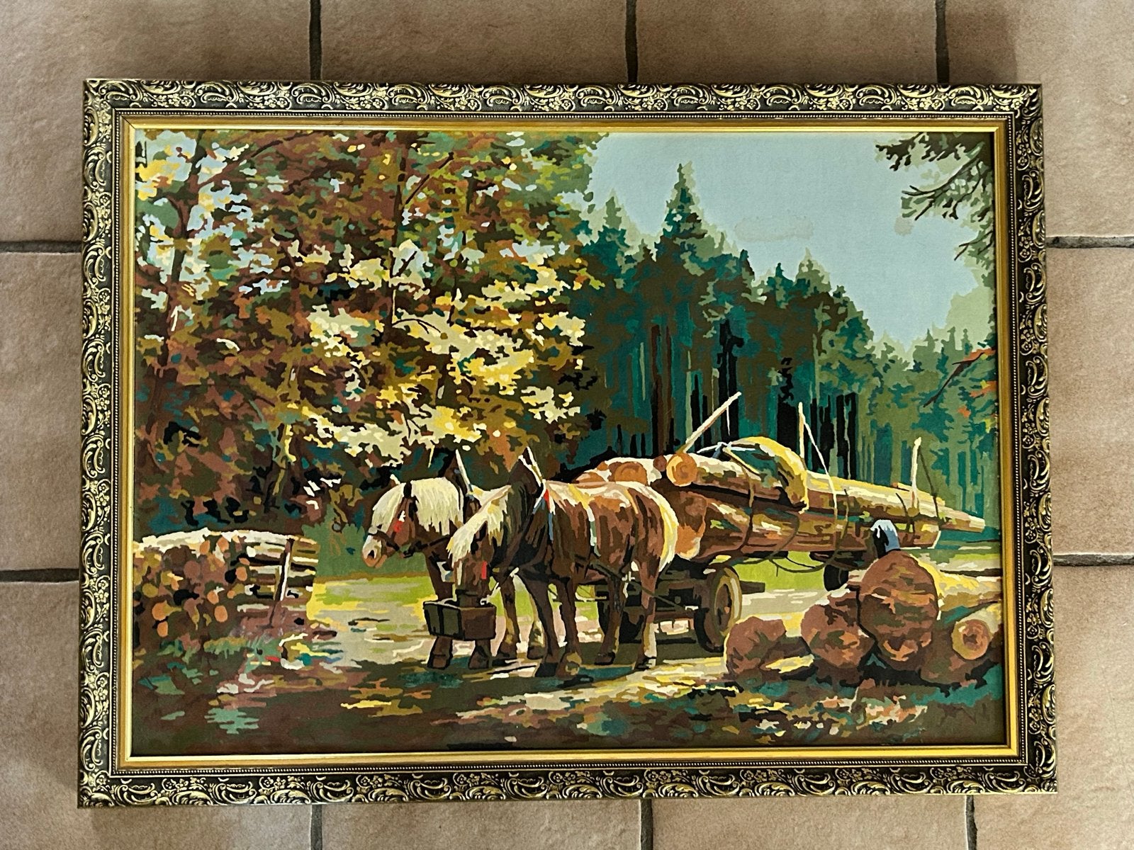 Print met paarden en houthakkers in lijst, Antiek en Kunst, Kunst | Schilderijen | Klassiek, Ophalen, Paneel, Realistisch, Dieren
