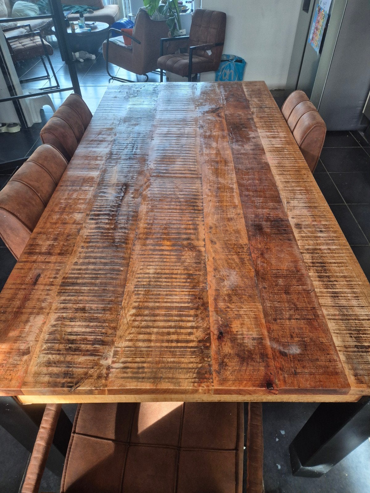 Eikenhouten eettafel (200x101 cm) met 6 stoelen, Ophalen, Gebruikt, 100 tot 150 cm, Eikenhout