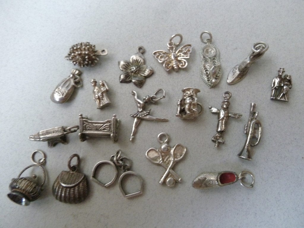 Verscheidene oude bedels zilver Egel Vlinder Schoen, Verzenden, Zilver, Hanger