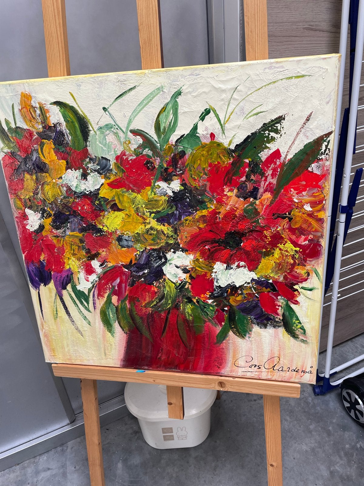 Schilderij Koos Aardema - Kleurrijk Bloemenboeket, Ophalen of Verzenden, Bloemen, Textiel, Gesigneerd