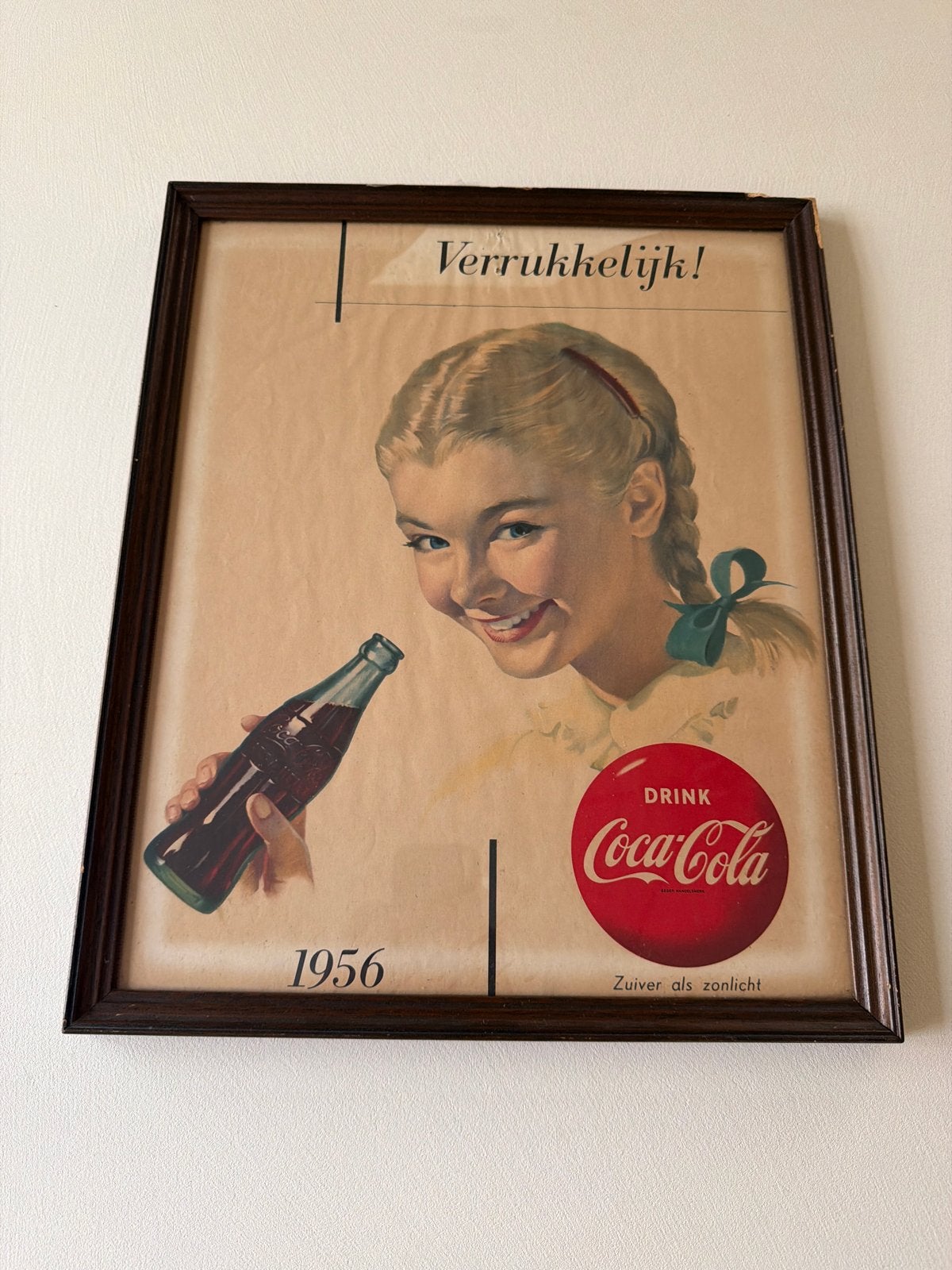 Vintage Coca-Cola Reclame Poster 1956 - Ingelijst, Verzenden, Gebruikt, Reclamebord