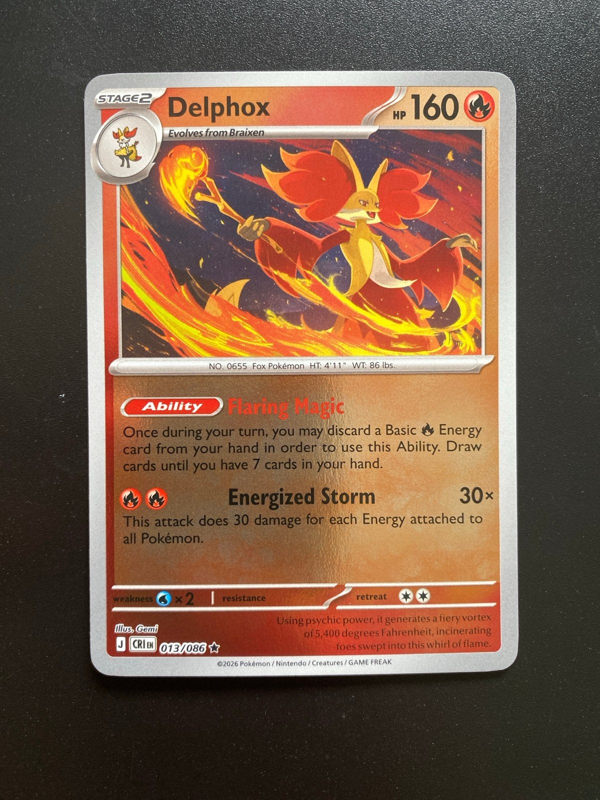 Delphox 013/086 Rev. Holo Pokémon Chaos Rising Packfresh, Ophalen of Verzenden, Zo goed als nieuw, Losse kaart, Foil
