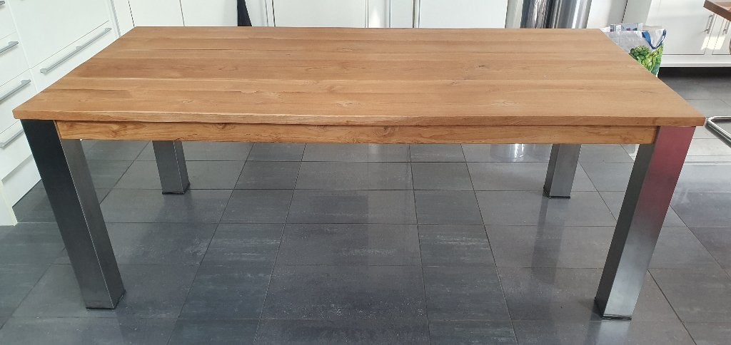 Teakhouten eettafel (200*94*74) | RVS poten + 6 stoelen, Ophalen, Gebruikt, Teakhout, 200 cm of meer