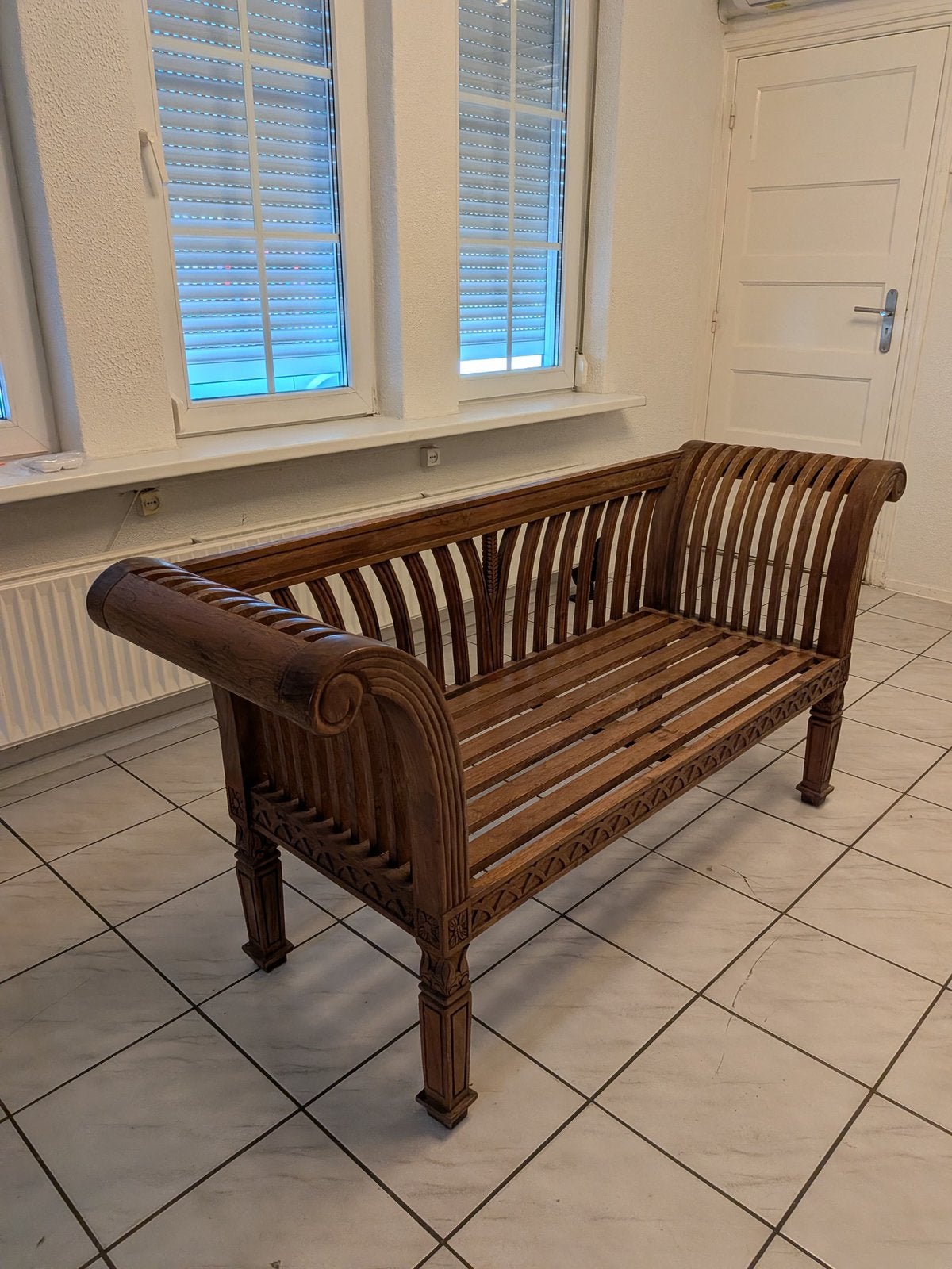 Prachtige handgemaakte Indonesische teak houten bank, Ophalen, Tweepersoons, 75 tot 100 cm, Zo goed als nieuw